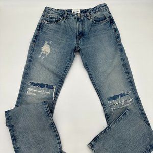 Frame Blue Low Rise Boot Cut 'The Pixie' Jeans 100% Cotton Distressed Patchwork